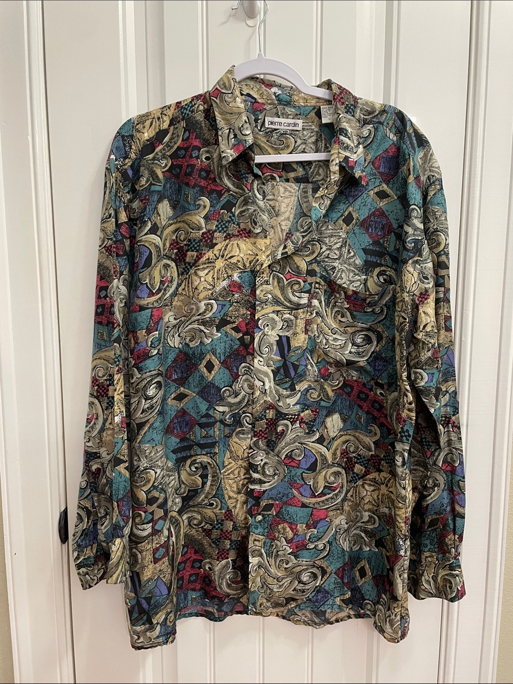 Pierre Cardin Silk Patterned Button-Down Shirt Size Large